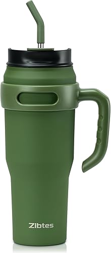 Zibtes Vaso aislado de 40 onzas con asa y popotes de tapa, apto para portavasos de café de viaje de acero inoxidable, botella de agua metálica que