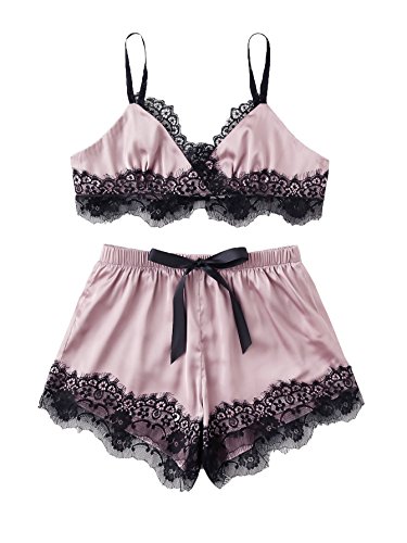 SweatyRocks Women's Sexy Camisole Lingerie Satin Pajamas Cami Shorts Set Nightwear Pink M