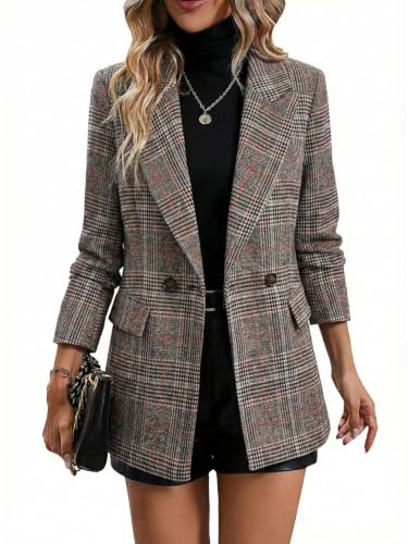 Mina Self Plaid Tweed Blazers Jacket for Women 2026 Fall Winter Brown Women's Houndstooth Long Trench Business Casual Dressy Boyfriend Fitted Formal Office Attire Outfits Womens Blazer for Work