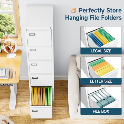 Image of MIIIKO 5 Drawer File Cabinet with Lock, Metal Vertical Filing Cabinets for Home Office,File Folders Storage Cabinet for Letter Legal A4 File Size