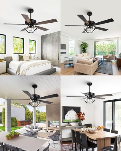 Image of 52 Inch Ceiling Fans with Lights, Creative Modern Black Ceiling Fan and Remote, Dimmable, 6 Speeds, Quiet, Dual-Sided Reversible 5 Blades Indoor Outdoor Chandelier Fan for Bedroom Living Room