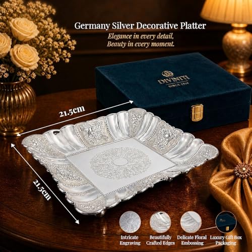 Image of Diviniti Silver German Silver Decorative Tray for Home Decor | Luxury Square Silver Plated Serving Tray for Dry Fruits, Sweets & Fruits | Floral Embossed Gift Platter with Box