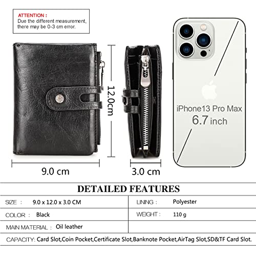 Contacts Bifold Wallet Leather AirTag Purse for Women Men Minimalist Small Coin Card Zipper Pocket with RFID Blocking (Black)3