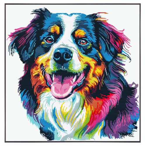 Generic Colorful Smile Border Collie DIY 11CT Stamped Cross Stitch Kits for Beginners Easy Needlepoint Embroidery Counted Cross Stitch Art Craft for Wall Decoration 16x16inch(2)