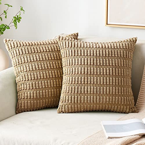 Photo 1 of MIULEE Pack of 2 Corduroy Decorative Throw Pillow Covers 18x18 Inch Soft Boho Striped Pillow Covers Modern Farmhouse Home Decor for Sofa Living Room Couch Bed Khaki