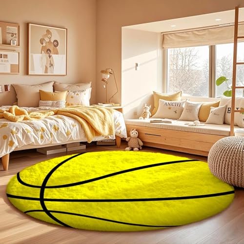 Image of Modern Shaggy Round Rug | Ultra-Soft Plush Circle Carpet for Living Room, Bedroom, Nursery | Fuzzy, Fluffy Area Rug with Non-Slip Base Yellow Ball 7x7 feet
