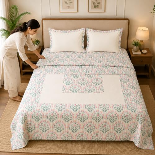 Image of Linen Home Cotton Percale Flat Bedsheet Set King Size Sequence Pink