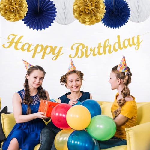 Image of Navy-Blue Gold Birthday Party-Decorations Paper-Flowers - 14pcs Happy Banner Royal Lanterns Tissue Pom Poms,Men Streamers Garland Fans Honeycomb,Teen Boys Male Kids Hanging Supplies Decor Hugfond
