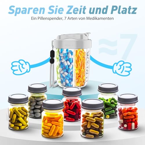 Tablettenbox 7 Tage Morgens Mittags Abends | Rund mit 7 Großen Fächern & Anti-Verwechslungs-Design | Breite Öffnung, BPA-frei & Tragbar | Für Medikamente, Vitamine, Fischöl usw (Grau)