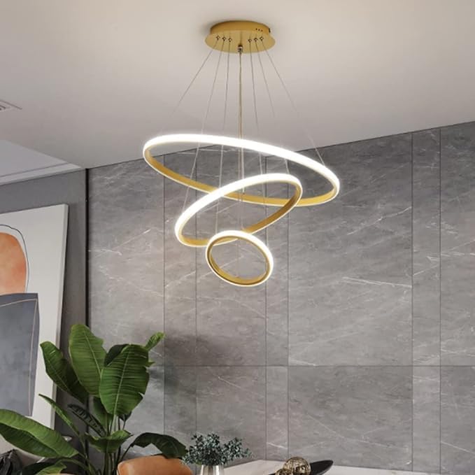 Image of Carsten Modern 3 Rings Chandelier /Jhumar Light for Hall Ceiling /Jhoomer for Living Room /Hanging Pendant Lamp with Adjustable Height for Bedroom /Dining Room /Hotels /Bar /Cafe /Restaurants. (Golden)