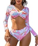 ATTRACO Rash Guard Swimsuit Long Sleeve Bathing Suit for Women 2 Piece Crop Top Swimsuit Pink Leaves Medium