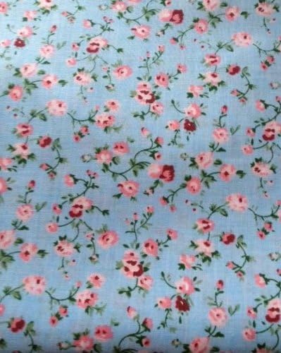 Vintage Floral Polycotton Fabric, Blue and Pink