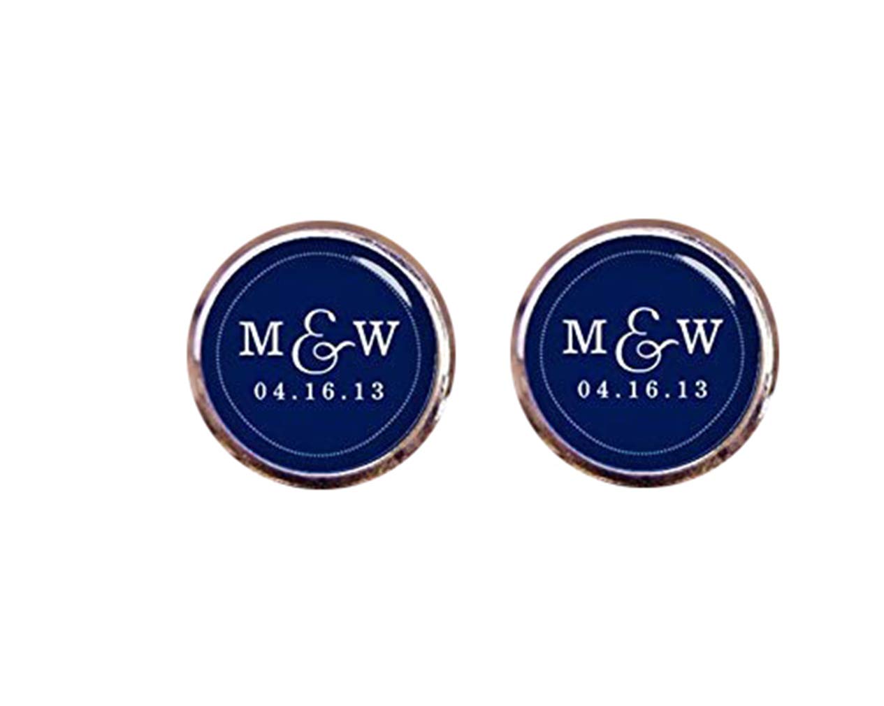 Death Devil Gemelos personalizables de Death Devil, gemelos con monograma de boda, fondo azul marino, iniciales y fecha, gemelos encantadores, gemelos de boda personalizados, gemelos de novio, clip de corbata o