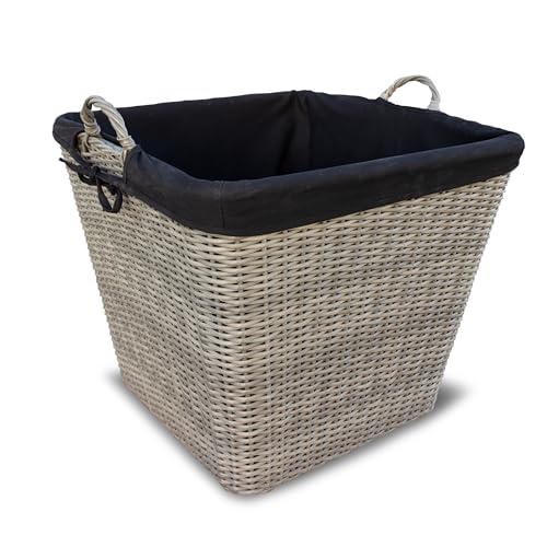 HABAU Feuerholzkorb mit waschbarem Stoffeinsatz, Holzkorb aus extrem robustem Polyethylen mit Metallrahmen - Korb in Grau (55 cm)