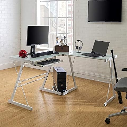 Eden Bridge Designs Computer Desk Modern Laptop Study Desk with Shelves for Home Office Soreno Metal Corner Desk, Glass, White, 3-Piece Cover