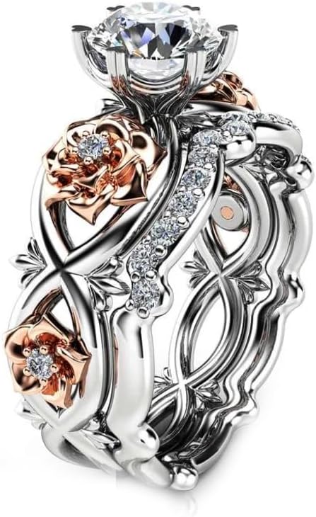 Vintage 2.2 Ct Round Cut White Signity Diamond Solitaire Flower Design Twisted Band Bridal Wedding Ring Set for Women in 925 Sterling Silver Two Tone Gold Finish