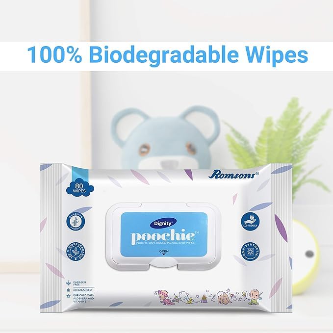Dignity Poochie 100% Biodegradable Baby Wipes Enriched with Aloe Vera and Vitamin E, 150 x 200 mm (Pack of 2) 160 Wipes - Image 4 thumbnail