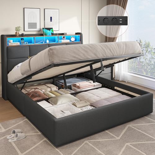 DICTAC Polsterbett 160x200 mit Bettkasten,LED Beleuchtung und Steckdosen Doppelbett 160x200cm mit Hydraulisch Stauraum,Kopfteil und USB-Anschlüssen Leinen bettgestell 160x200 mit Lattenrost,Dunkelgrau