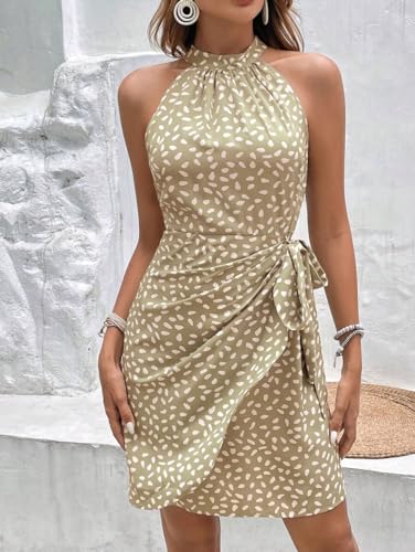 Image of LIGHT DOT Women's Summer Dress Dot Print Halter Neck Tie Waist Casual Zipper Back Sundress Vacation Outfits