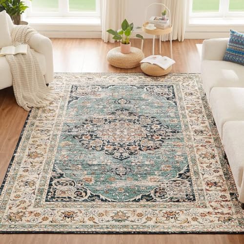 CHOSHOME Waschbarer Teppich Wohnzimmer Vintage Kurzflor Teppich Groß Orientalischer Teppich für Esszimmer Schlafzimmer rutschfest Teppich Kunstwolle Boho In & Outdoor Teppich Läufer 160x230CM Blau