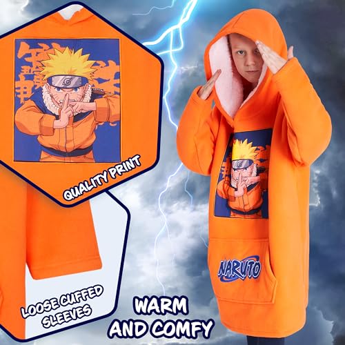 Naruto Fleece Hoodie Blanket for Boys and Teenagers - One Size Kids Oversized Hoodie with Sherpa Lining Gifts for Boys Orange4