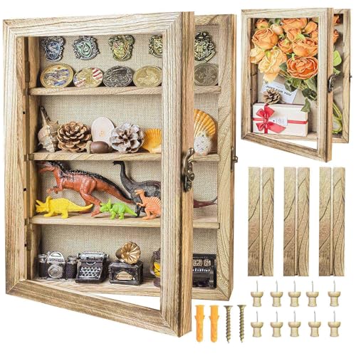 Image of Original Wood 11x16 Large Shadow Box Frame Deep Shadow Box with Shelves Memorial Shadow Box Display Case with Linen Back for Handicrafts,Picture Frames,Medals, Coins,Pins Collection and More