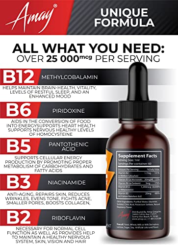 Vitamin B Complex Liquid Sublingual Vegan Drops - Premium Supplement For Stronger Hair Skin & Nails Vitamin B12 B6 B5 B3 & B2 Fast Absorption Natural Energy Boost, Immune System & Mental Focus Support #TOP3