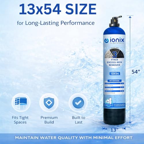 Image of Ionix Excess Iron Remover - 3-Stage Single Vessel Water Treatment System | Multiport Valve for Easy Cleaning | 13 inchx54 inch Compact Design | DIY Installation | Hard Water, Sediment, and Scaling Solution