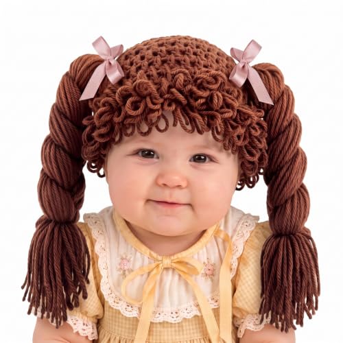 Halloween Cabbage Costume Yarn Wig, Brown 4, Long Braided Pigtails