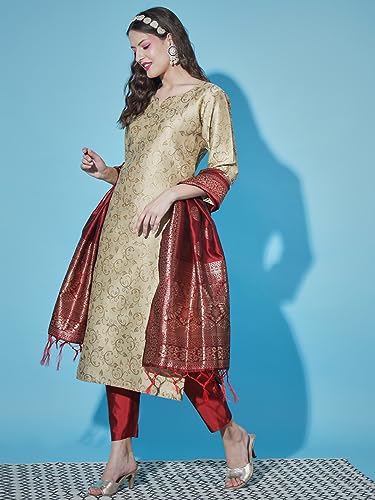 Image of VredeVogel Women's Cotton Silk Jacquard Kurta Pant Set with Banarasi Woven Self Designed Dupatta