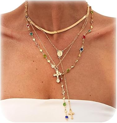 4Pcs/set Rhinestone Crystal Bead Necklace for Women Metal Cross Pendant Clavicle Necklace Summer Beach Layered Long Tassel Body Chain Jewelry