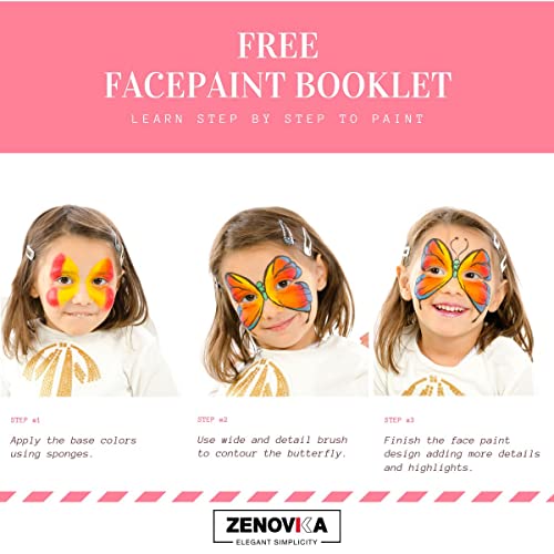 Zenovika Face Paint Kit For Kids - 60 Jumbo Stencils, 15 Large Water Based Paints, 2 Glitters - Halloween Makeup Kit, Professional Face Paint Palette, Safe For Sensitive Skin, Face Painting Book #TOP4