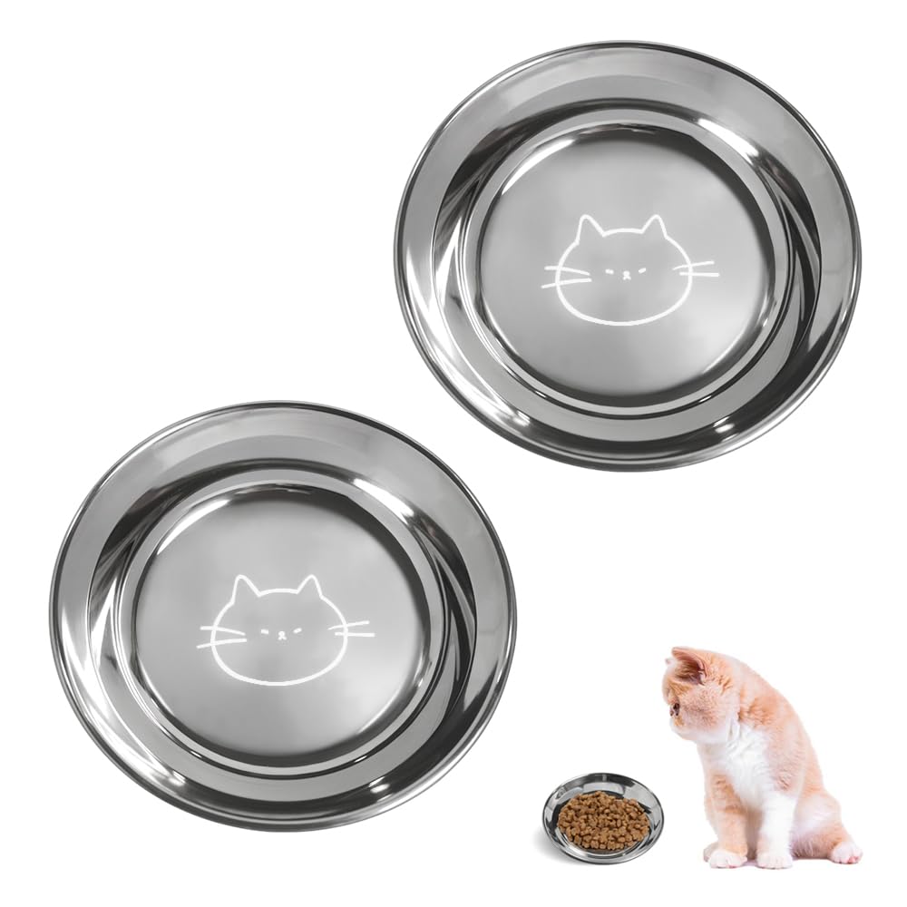 Photo 1 of Stainless Steel Cat Bowls Food Dishes for Indoor Cats Cats Shallow Whisker Friendly 6.4Inches Cat Food Water Dishes Bowls Whisker Fatigue Relief Dishwasher Safe 2Pcs