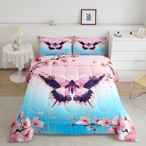 Erosebridal Butterfly Comforter Set Rustic Aesthetic Animal Twin Bedding Sets for Girls,Cherry Blossom Quilt Gradient Blue Pink Japan Floral Duvet Insert,Japanese Flowers Cute Room Decor