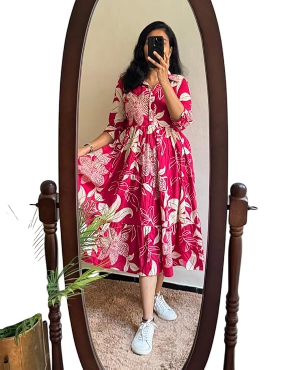 Image of ROYALICA Women's Pure Cotton Maxi Midi Dress Western Dress for Women Elegant Floral Printed Long Dresses | Soft & Breathable Fabric | Casual Trending Dress for Women