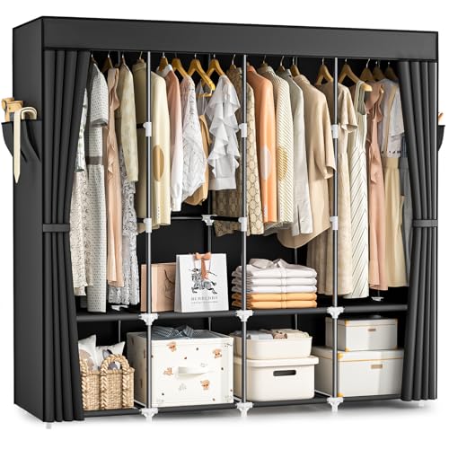 Neatrays Wardrobe Closet, 66 Inch Portable Closet for Hanging Clothes, Large Capacity Clothes Rack Organizer with Cover & 4 Hanging Rods & 8 Storage Shelves & 2 Side Pockets (Black)