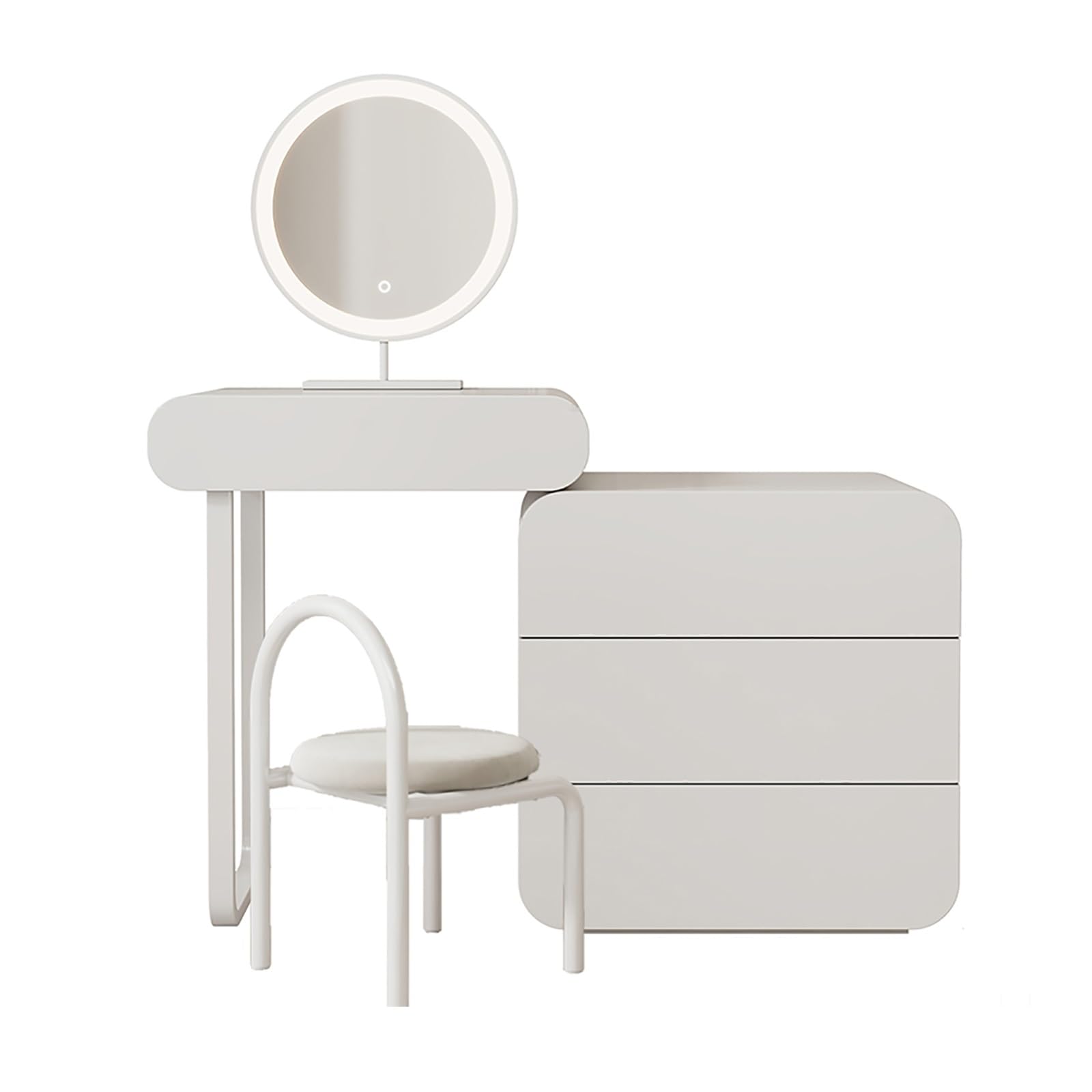 CALEBY Moderno Tavolo da Trucco con Specchio, luci a LED e cassetti. Elegante Set da toeletta con mobiletto Laterale e Sgabello Imbottito per Camera da Letto o camerino, Ideale per Ragazze e Donne.