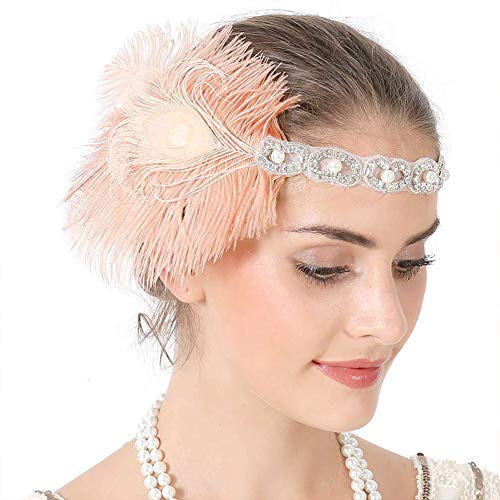 Women's Peacock 1920s Flapper Headband Art Deco Roaring 20s Gatsby Inspired Headpieces for Wedding Party (Pink Type)