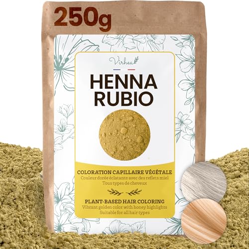VIRHEA® Henna Rubia Natural 250g - Tinte Vegetal sin Químicos para Cabello Rubio Dorado - Hena en Polvo para Mujer - Coloración Suave y Duradera para Pelo Claro con Ingredientes Naturales