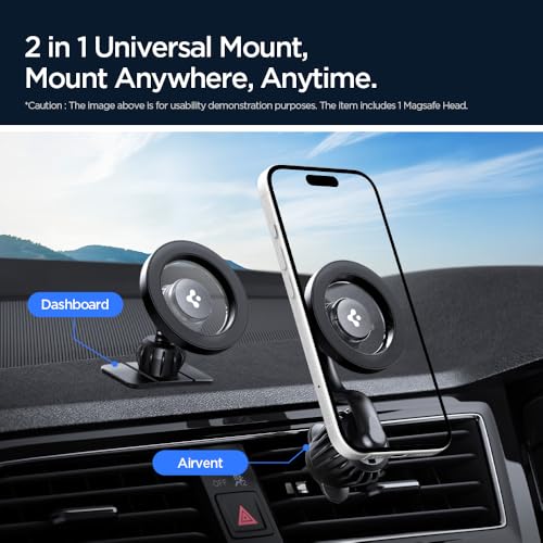 Image of Spigen Magnetic Air Vent Car Mobile Holder [Super Strong Magnet] [Magnetic Ring Included][Extra Mini Dashboard Mount] for iPhone 17 /16 /15 /13 /12, Samsung Galaxy Series and More(Extension Type) - Silver