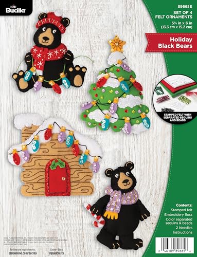 Bucilla, Holiday Black Bears, Felt Applique 4 Piece Ornament Making Kit, Perfect for DIY Arts and Crafts, 89665E