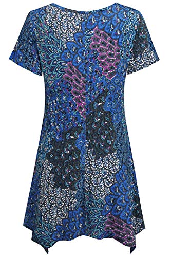 Nandashe Plus Size Flowy Tops For Women, Woman's Casual Round Collar Short Sleeves Floral Printed Drape Lightweight Cool Thin Fitting Swing Dressy Hem Hippie Long Tunic Shirts For Big Girls Aqua Xxl #TOP1