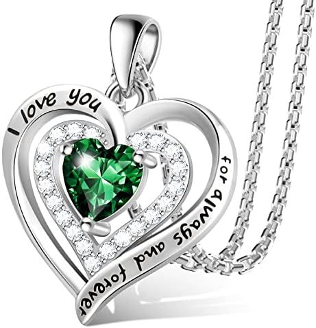Sterling Silver Birthstone Necklaces for Women Forever Love Heart Pendant Necklace Created Emerald Jewelry Anniversary Valentines Day Gifts Birthday Gifts for Mom Wife Girls Her Grandma