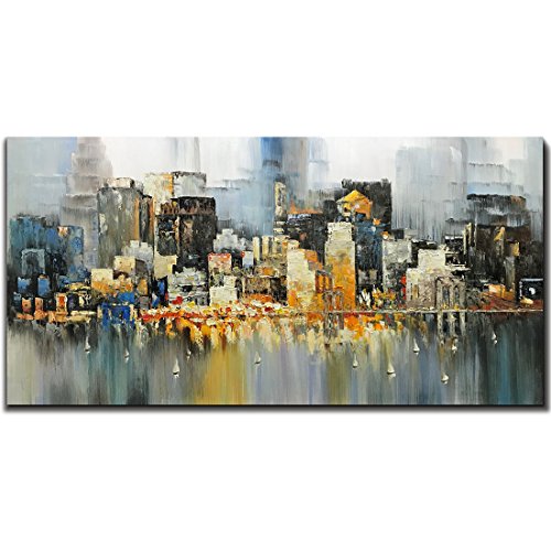 Metuu Modern Canvas Paintings, City Lights Up - Texture Palette Knife Paintings Modern Home Decor Wall Art Painting Wood Inside Framed Ready to hang 24x48inch