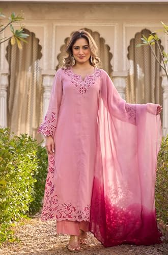 Image of GoSriKi Kurta Sets for Women Viscose Embroidered | Kurti Set for Woman | Straight Kurta Palazzo Dupatta Set | 3 Piece Set Women | Round Neck V-Slit Full Sleeve Stylish Ethnic Outfit Clothing
