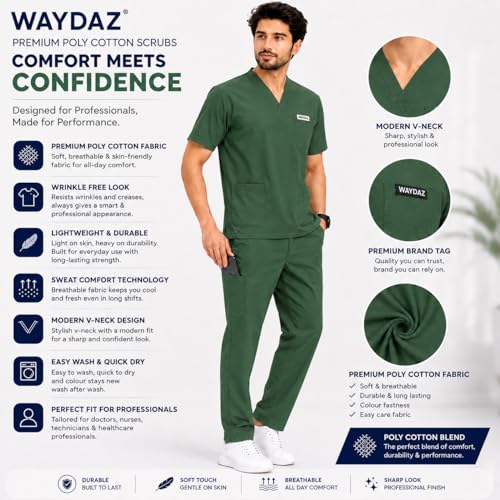 Image of Unisex Medical Scrub Suit Set, V-Neck Top with Pants, Short Sleeve, Polyester Cotton Blend, 7 Pockets, Regular Fit, Hospital Doctor Nurse Uniform