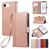 Rosbtib Coque pour iPhone 17e 5G 2026 Housse en Cuir Fermeture Zippée Fermeture Magnétique Portefeuille avec 4 Poches pour Cartes Standfuntion Rétro Etui iPhone 17e, Rose