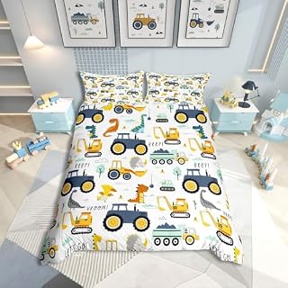 Homewish Bettbezug 240 x 260 cm, für Kinder, Cartoon-Auto, Bettwäsche für Kinder, Jugendliche, Jungen, Dinosaurier, niedlich, Bettwäsche-Set, Bagger, Traktor, Tagesdecke, Dinos, wendbar