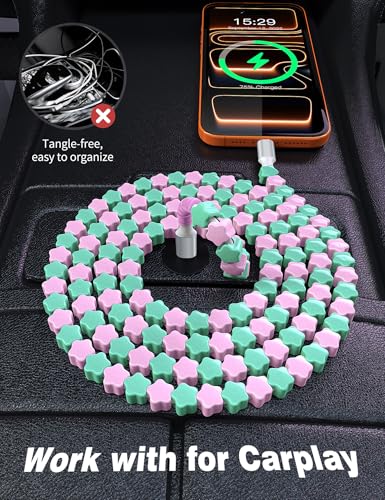 Image of USB C to USB C Cable 6FT,60W Fast Charging Beaded Charger Cord for iPhone 17 16 Pro Max 15 /iPad Pro 11th Air for Samsung S26 S25 S24 S23 A17 /Android Phone Charger Cord Cute Girl Women,Pink-Green Star