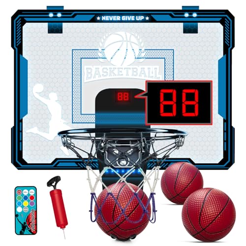 【7 luci che cambiano colore e punteggio elettronico】 -Allegra il tuo punteggio anche al buio! Questo set di canestri da basket per interni è dotato di 7 luci LED che cambiano colore e un tabellone segnapunti elettronico aggiornato che farà il tifo per il tuo bambino e registrerà il punteggio ogni volta che viene segnato un goal. I punteggi vengono calcolati automaticamente e visualizzati in formato digitale, e le fantastiche luci a LED rendono le tue schiacciate visivamente più impressionanti sia di giorno che di notte, dando ad ogni schiacciata un fantastico effetto visivo!